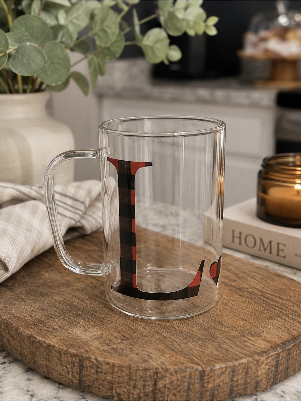 Buffalo Plaid Initial “L” Glass Coffee Mug